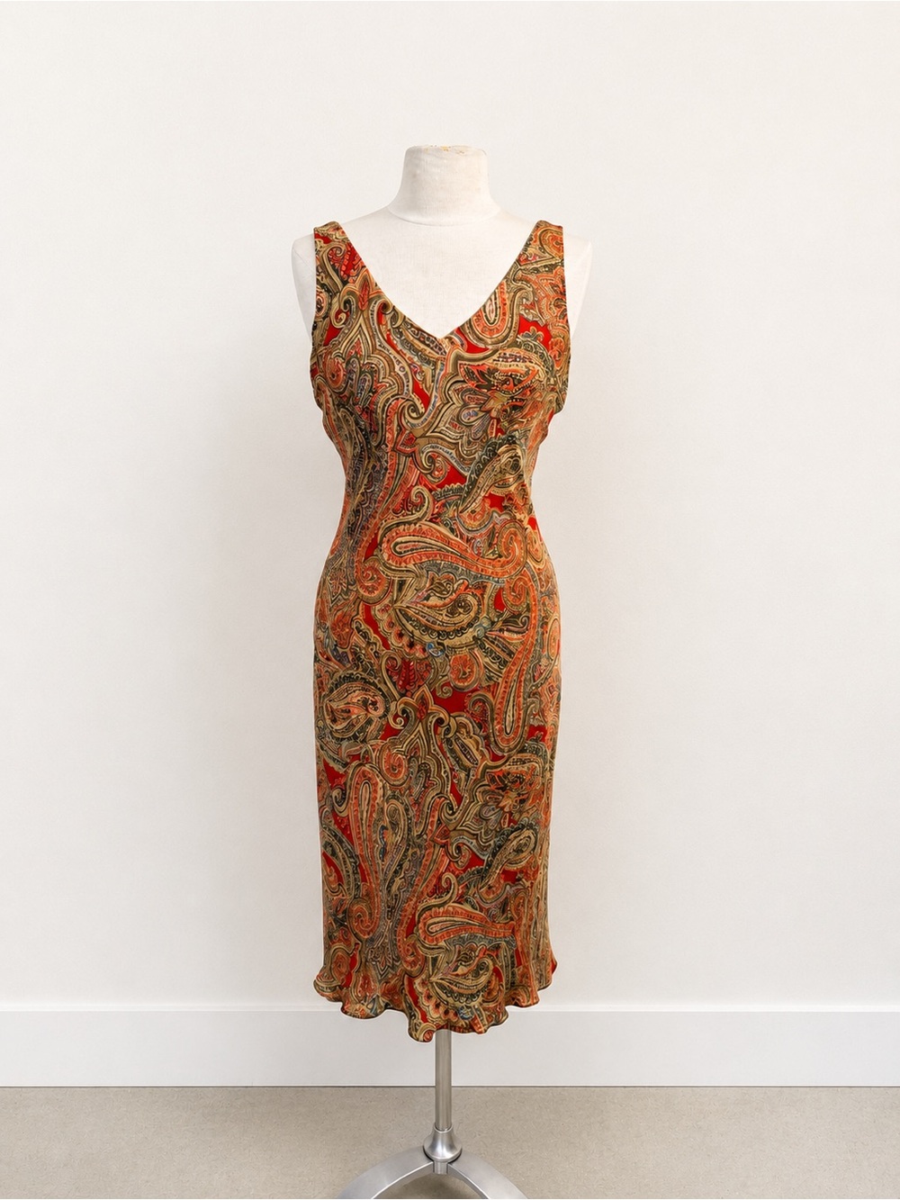 Vintage 90s Silk Paisley Midi Boho Supermodel Fairy Grunge Slip Dress Luxe